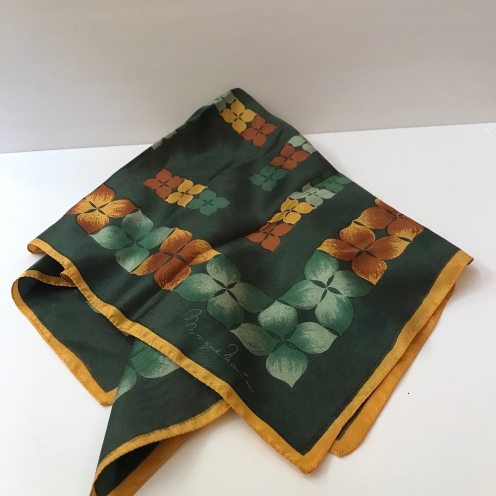 Signed Monique Martin 27” Square Green Gold Scarf